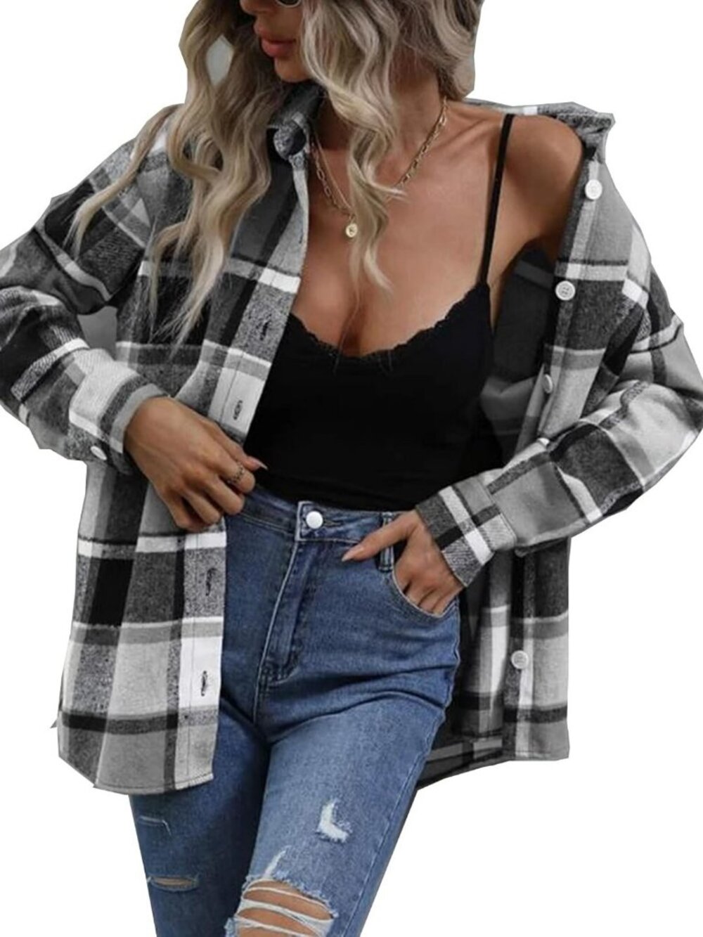 Oversized Plaid Flannel Shirt for Women - Long Sleeve Casual Button Down Blouse